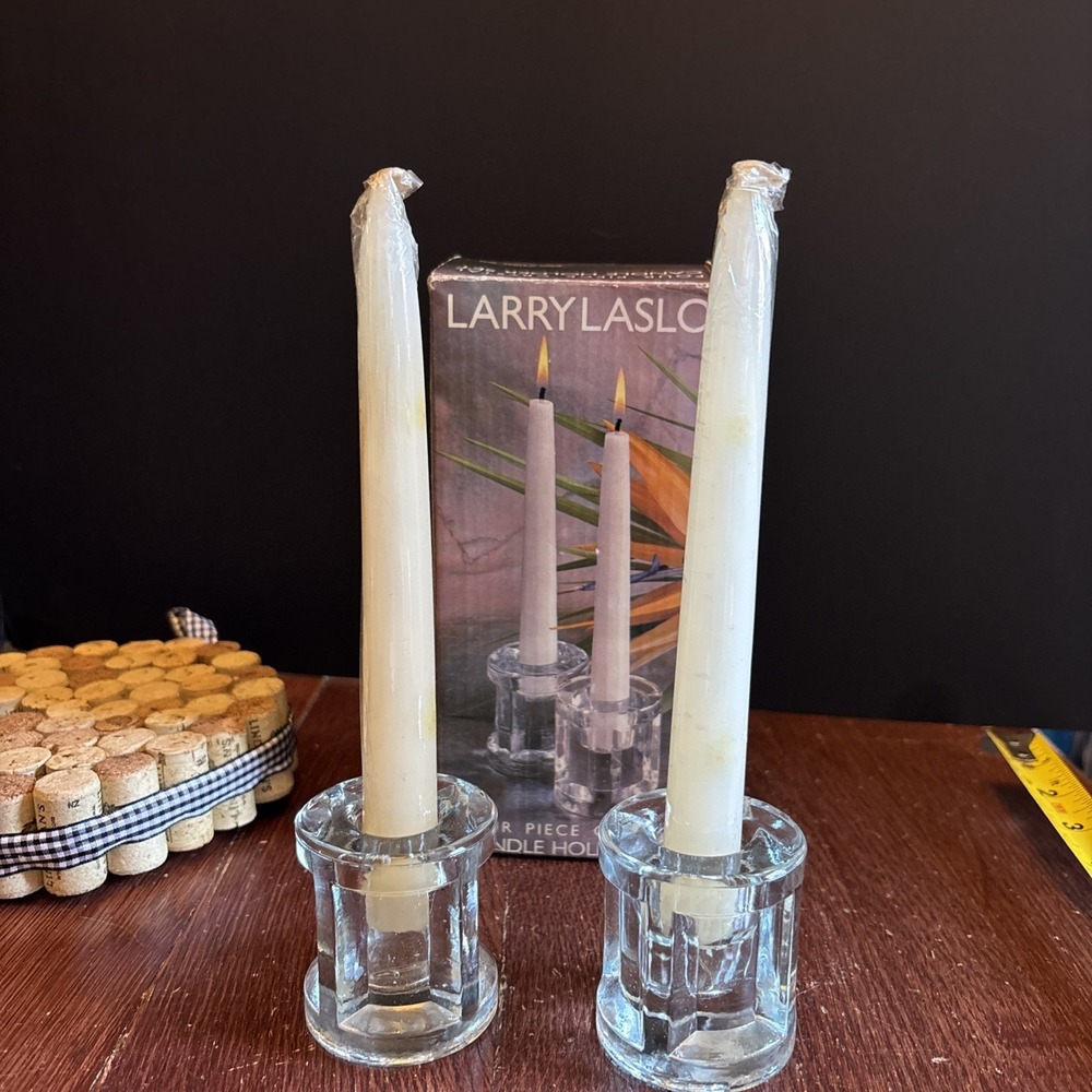 Larry Lasso Vintage 4 Piece Crystal Candle Holder Set NIB 2 Holders 2 Candles